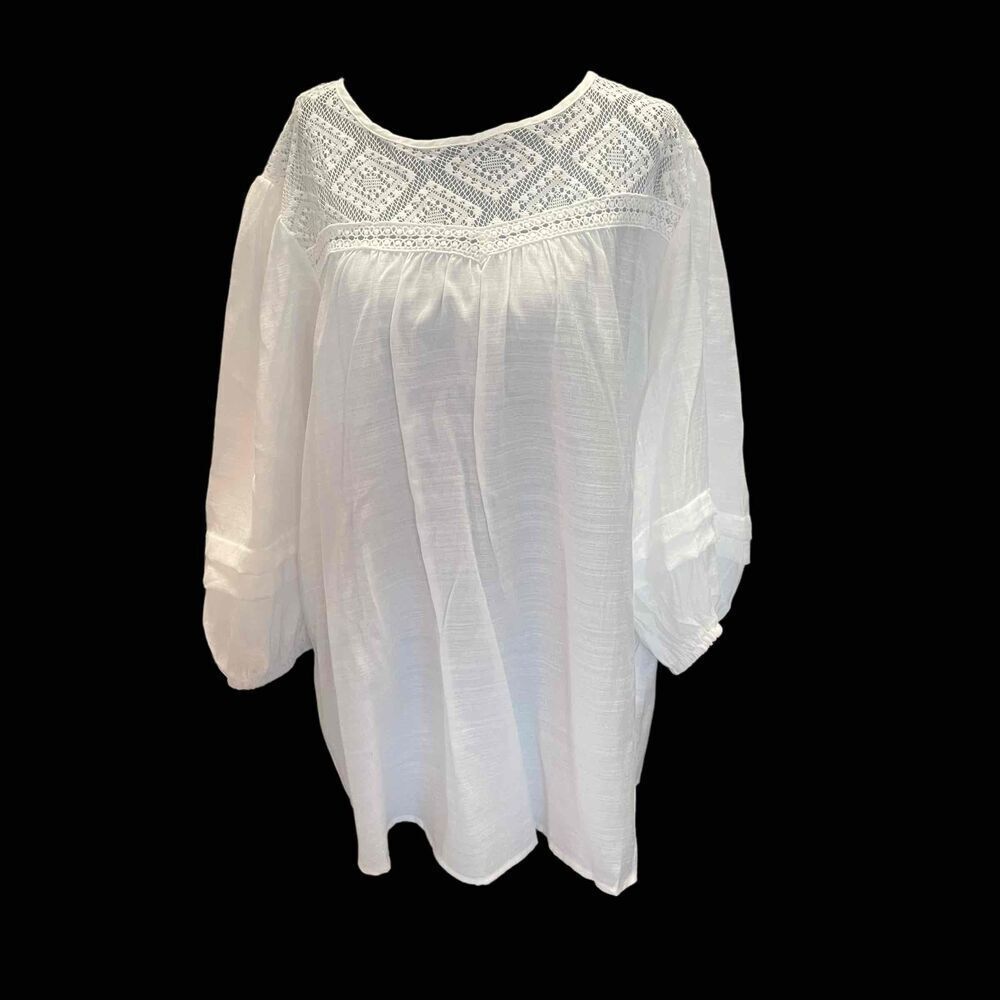 Siren Lily Womens White Crochet Yoke Loose Fit Long Sleeve Peasant Blouse 3X